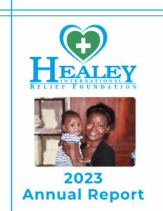 Cover of newsletter. Large green heart with blue outline and a picture of a mother and baby in the middle Bottom line reads 2023 Annual Report