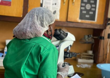 A woman siting at a microscope. She is wearing a green dress and her back is to the camera.